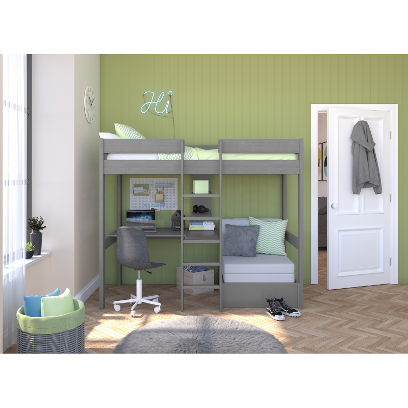 Stompa Uno 5 Highsleeper With Desk & Pullout Chairbed With Grey Cushion Set