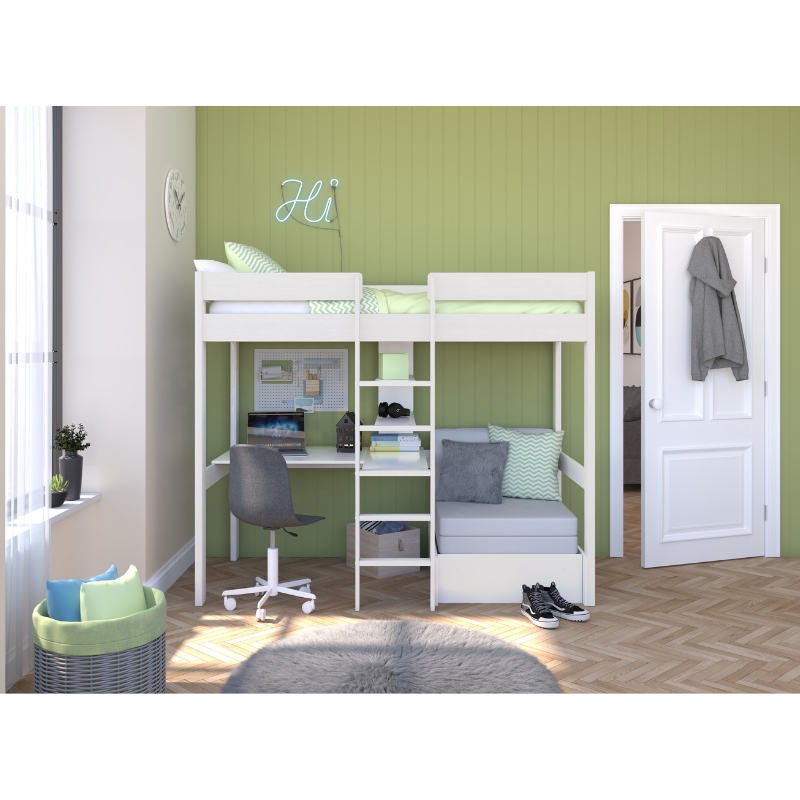 Stompa Uno 5 Highsleeper With Desk & Pullout Chairbed With Grey Cushion Set